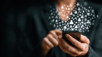 Business woman using smartphone with social media icons representing engagement and connection through social network application platform. Viral video concept, realistic shot