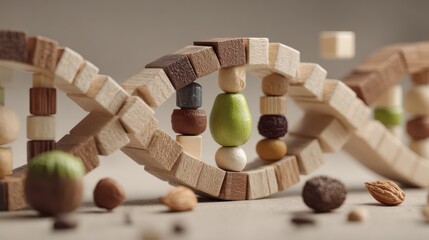 Wooden blocks creating dna structure with fruit and nuts, representing personalized nutrition and healthcare based on genetic testing on a neutral background