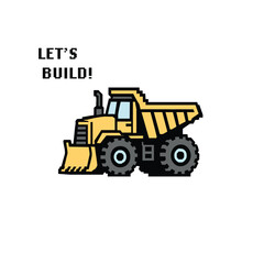 Pixel-style construction vehicles promoting strength, creativity, and playful work motivation for kids