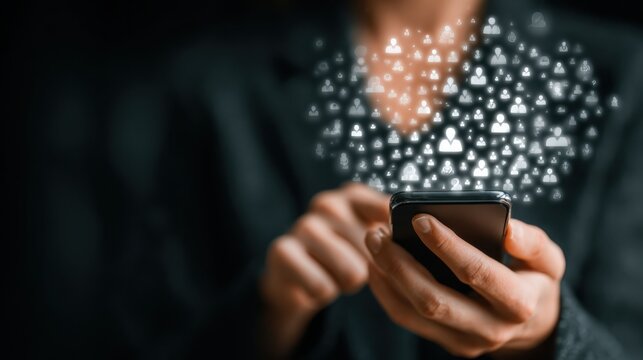 Business woman using smartphone with social media icons representing engagement and connection through social network application platform. Viral video concept, realistic shot - Powered by Adobe