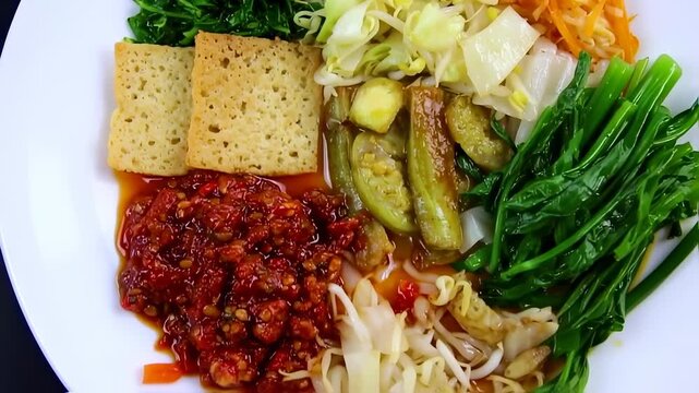 A vibrant plate showcases various Indonesian ingredients greens, tofu, veggies, sambal