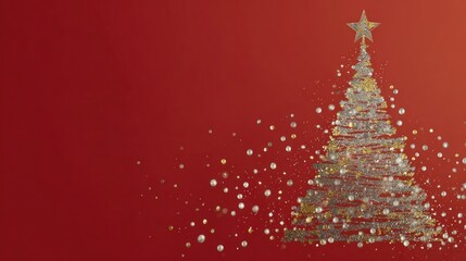 Golden and silver lights with Christmas tree on red background, bright decoration for merry Xmas greeting message. Elegant holiday season social post digital card. Copy space for text or logo