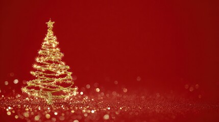 Golden and silver lights with Christmas tree on red background, bright decoration for merry Xmas greeting message. Elegant holiday season social post digital card. Copy space for text or logo