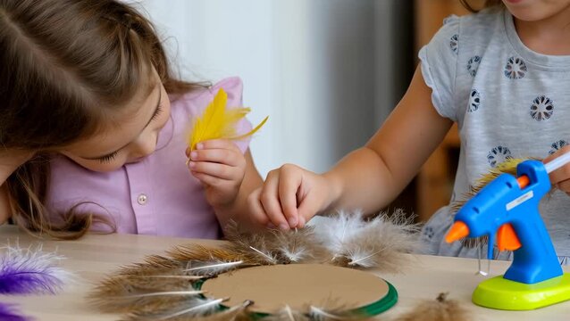 Two Young Girls Engaged in Creative Craft Project with Feathers and Glue