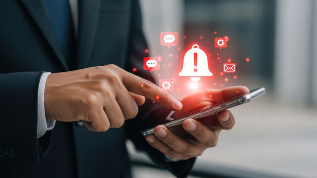 Person in suit using smartphone with glowing notification icons mobile technology