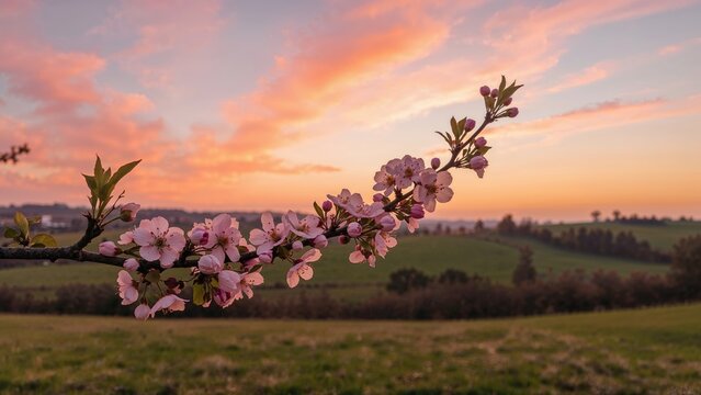 Blossoming branch with pink flowers during sunset over lush fields. Nature and springtime scene. The image captures growth and serenity in a rural landscape. - Powered by Adobe