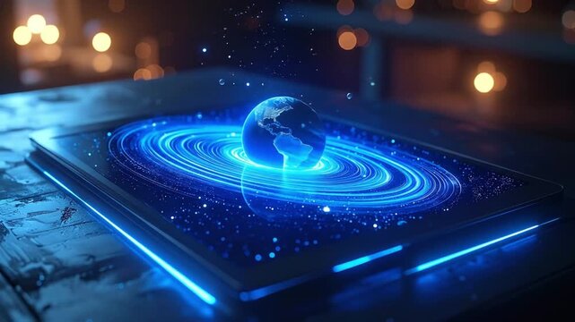 Futuristic Digital Tablet Displaying a Glowing Earth with Swirling Blue Energy Rings