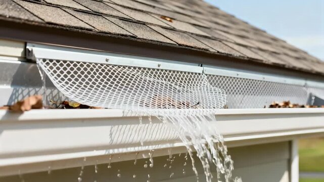 Medium shot of a worker fitting a meshstyle gutter cover ensuring leaves and debris are blocked while allowing water to flow smoothly down the roofline.