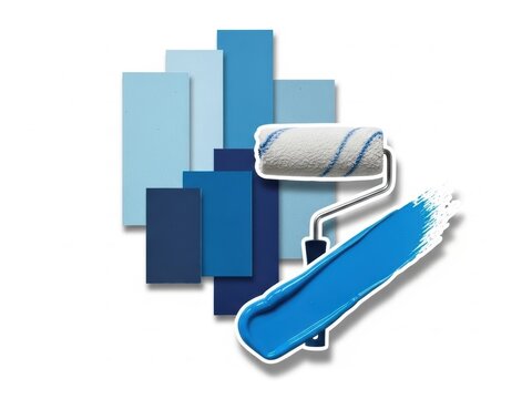 Blue color palette with paint roller and stroke of blue paint on white background for interior design and home improvement concept.