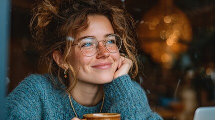 Smiling young woman enjoys hot drink while working or studying online in cafe, looking through window on calm afternoon