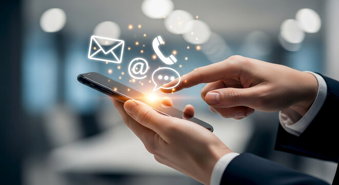 Digital Connection Hand Touching Phone with Email Call and Chat Icons for Communication Contact Us Support and Social