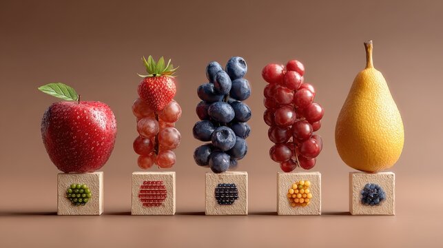 Wooden blocks creating dna structure with fruit and nuts, representing personalized nutrition and healthcare based on genetic testing on a neutral background