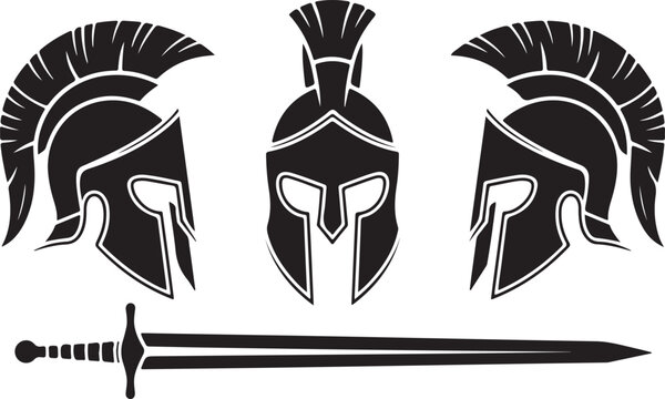 Three spartan helmet and sword icon on white background