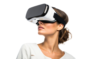 Woman wearing virtual reality headset immersed in digital technology exploring virtual worlds for entertainment and education applications