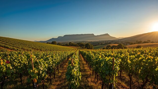 Vineyard landscape with rows of grapevines at sunset, scenic view of cultivated fields and distant mountains.