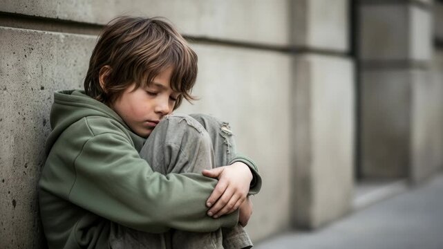 Sad homeless boy sitting alone on the street against a wall. Poor child in dirty clothes feeling lonely and depressed. Child poverty and social neglect concept