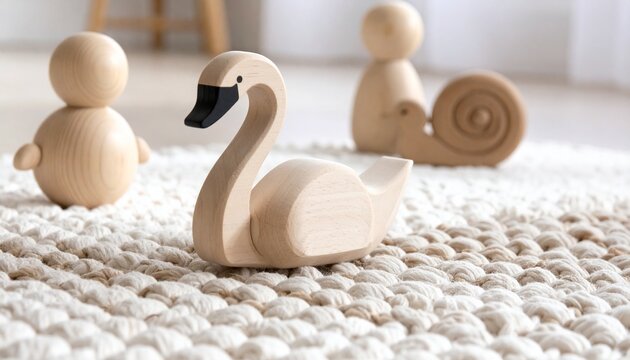 Three wooden toys—a swan, snail, and humanoid figure—on cream rug in bright minimalist room.