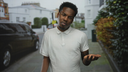 Man holds palms up with puzzled gaze on city street lined with parked vehicles; uncertainty dilemma.