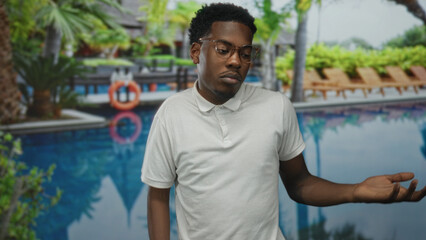 Fototapeta premium Young african american man casually shrugs at pool outside a resort building; uncertainty reflection.