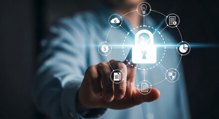 Data Security Shield Man Interacting with Digital Padlock Interface Cyber Protection Technology Digital Safety for