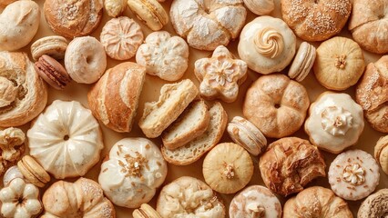 Assorted cookies and biscuits with different shapes and textures on a light background.