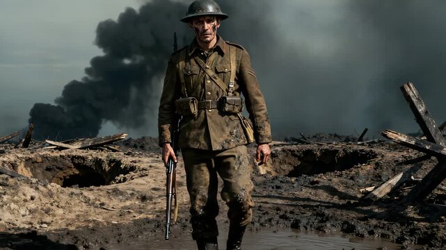 Brave soldier advances, Resolute fighter moves through ruined terrain