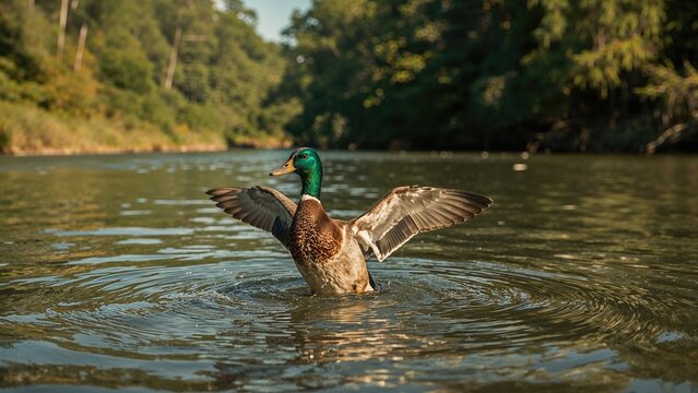 A duck spreading its wings on water in a natural outdoor setting. - Powered by Adobe