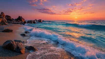 Scenic ocean view at sunset with colourful clouds and birds flying above the horizon, waves softly hitting the sandy shore in peaceful evening light