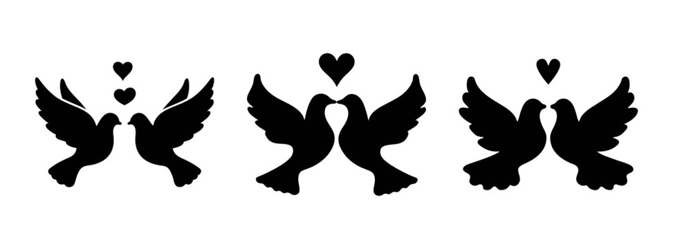 Silhouette of love birds doves flying with hearts vector art for wedding invitations and designs