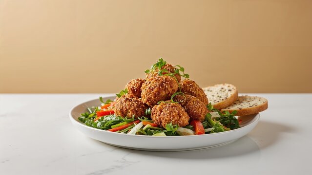 Plate of fried chicken on a bed of greens with two slices of bread on the side.