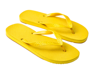 Pair of vibrant yellow flipflops ready for summer vacation adventures, perfect for beach parties, poolside lounging, and sunny day relaxation.
