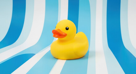 Yellow rubber duck toy on blue and white striped background studio shot