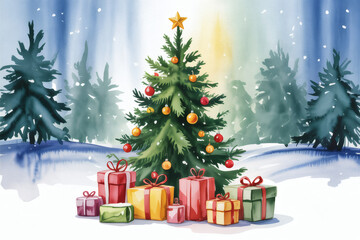 Watercolor christmas tree with gifts in a snowy forest landscape, a festive and joyful holiday scene