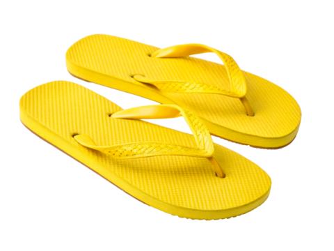 Pair of vibrant yellow flipflops ready for summer vacation adventures, perfect for beach parties, poolside lounging, and sunny day relaxation.