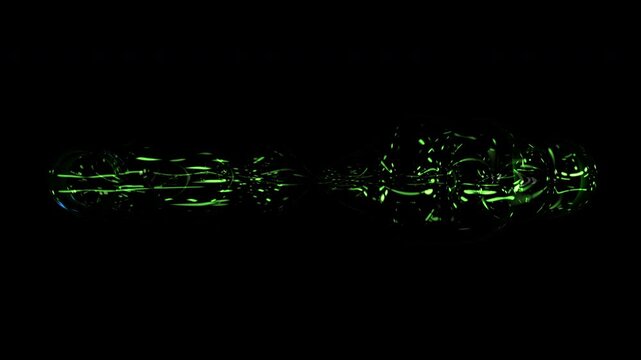 A futuristic vehicle, with a sleek and aerodynamic design, moving at high speed with a glowing green light. The purpose and location of use remain ambiguous