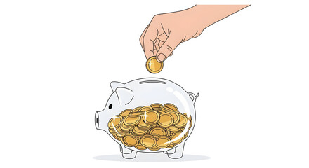 Hand putting coin into piggy bank full of gold