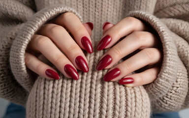 Closeup of womans hands with red manicure holding beige sweater, showcasing elegant and wellgroomed nails with a cozy feel