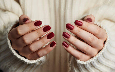 Closeup of hands with elegant dark red manicure on short oval nails in a cozy white sweater, showcasing beauty