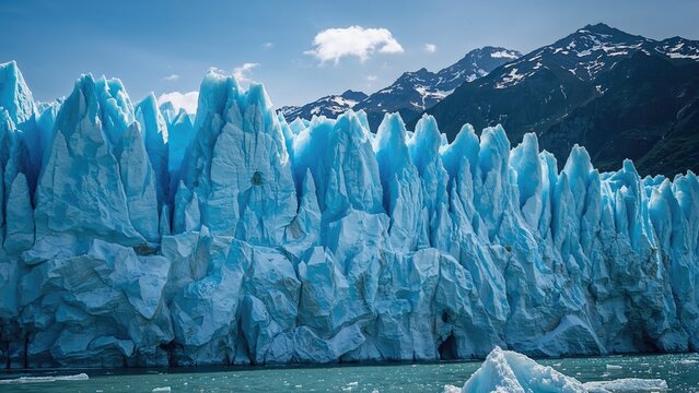 A massive glacier with jagged, icy formations along the shoreline, with snow-capped mountains in the background under a partly cloudy sky. - Powered by Adobe