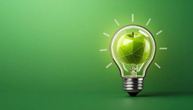 Green apple with polygonal texture inside illuminated light bulb on green background symbolizing eco innovation.