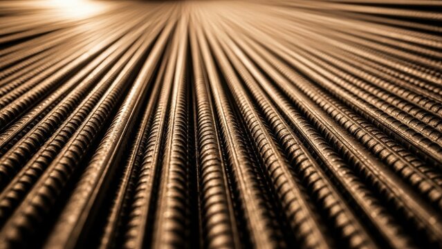 Reinforcing bar, construction steel rod rebar. Textured metal for building industry. Material for infrastructure and concrete reinforcement.