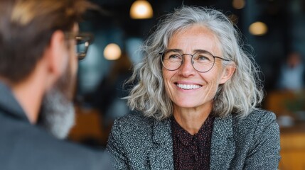 Smiling financial advisor consults with client in office setting during daylight hours