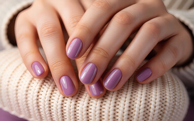 Closeup of womans hands with purple manicure on knitted sweater, showcasing elegant nail design and cozy texture