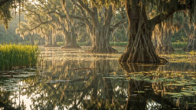 Ancient cypress trees along a swamp or river, with lush green plants, water reflections, and warm sunlight filtering through the trees.