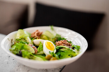 Freshly made Niçoise salad with tuna, boiled egg halves, cucumber, olives, and greens in a white bowl. Healthy, appetizing, natural lighting, nobody