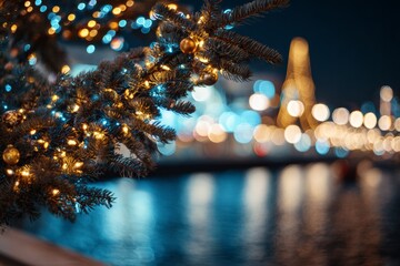 Christmas tree branch decorating festive city night