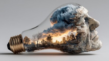 Light bulb with abstract head and landscape represents aging, memory loss, and health awareness