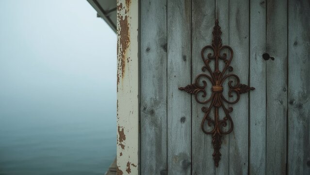 Rustic metal cross on weathered wooden door beside misty water scene.