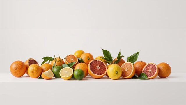 A variety of citrus fruits and oranges with leaves arranged on a white surface. Fresh fruit, citrus, healthy food, and produce. - Powered by Adobe