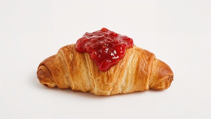 Croissant with strawberry jam spread on top, plain white background. Bakery item, breakfast, snack. Pastry, baked goods, sweet spread.